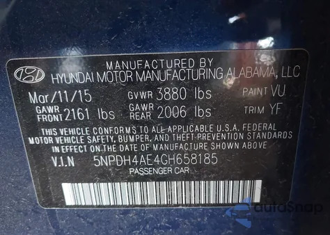 2016 Hyundai Elantra Se z USA, uszkodzony, nr VIN 5NPDH4AE4GH658185